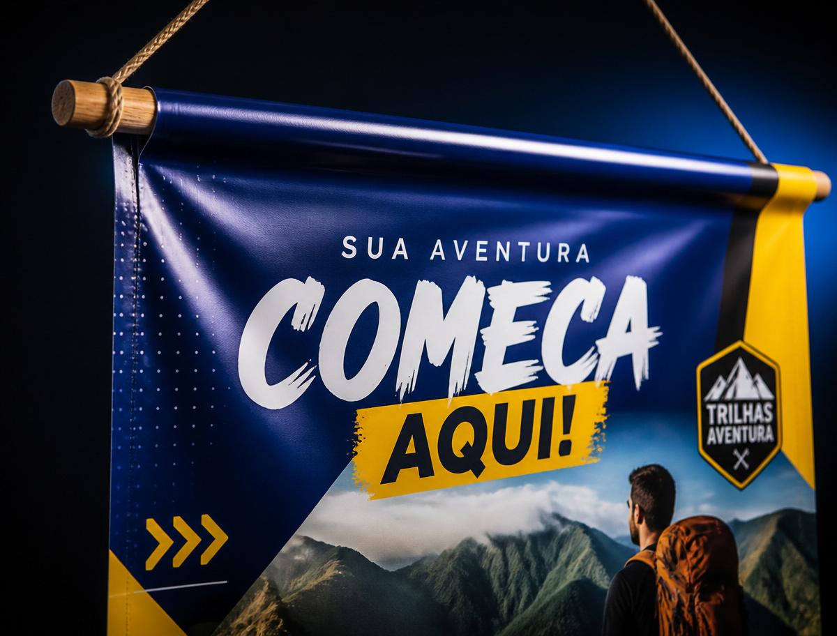 Banner em lona 440g com acabamento em madeira e cordinha